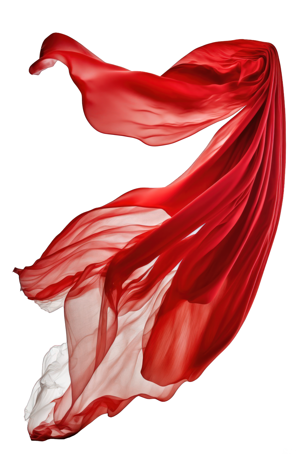 A flowing red silk fabric appears to be suspended in mid-air, its