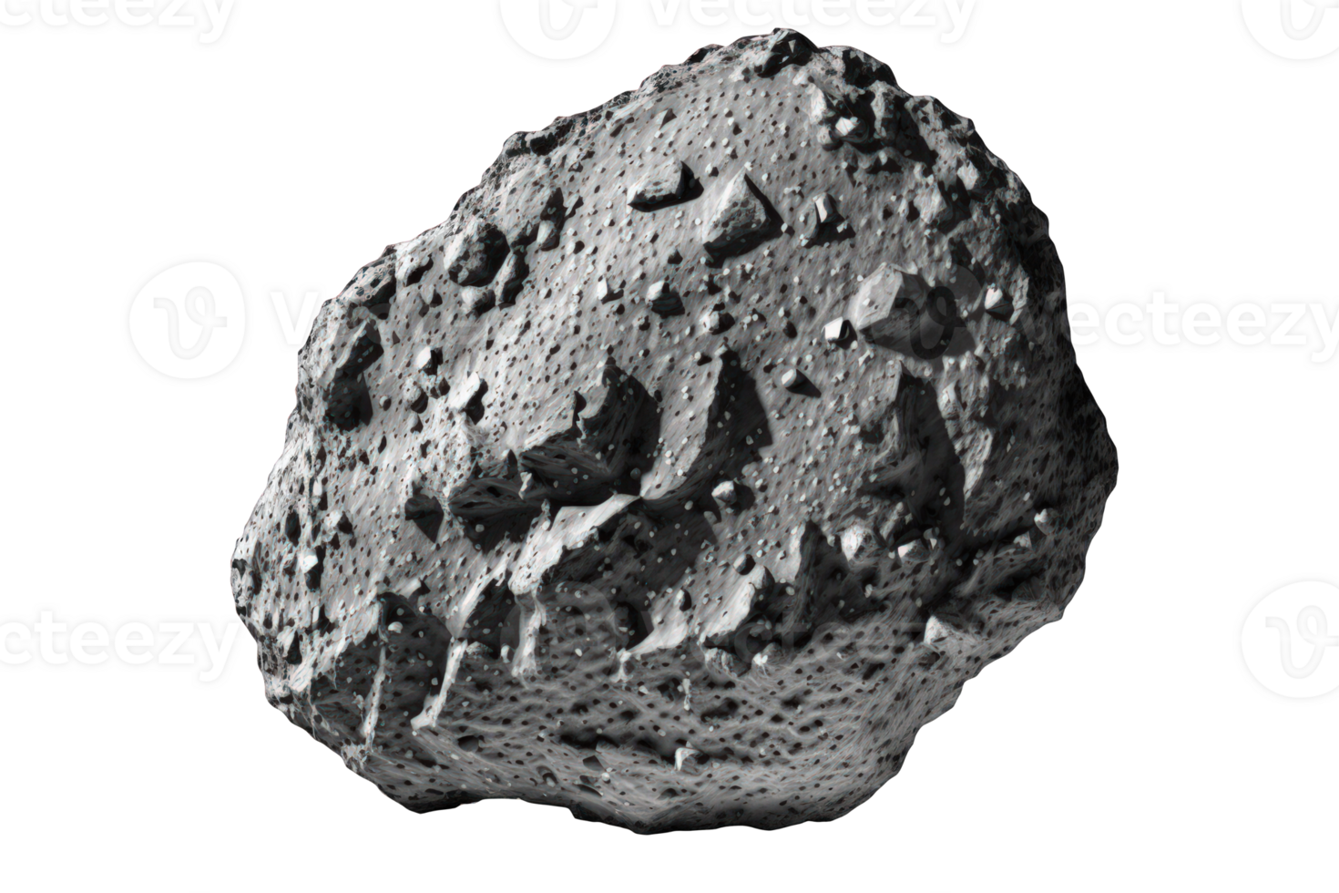 The image features a highly realistic depiction of an asteroid floating against a transparent background, allowing for a clear view of its rugged, cratered surface. png