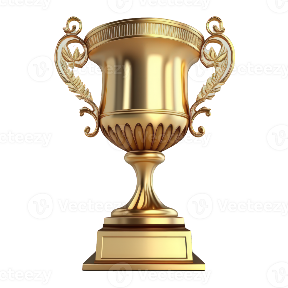 A gleaming, golden trophy stands tall on a perfectly clear and transparent background, displaying its heft and shine in all their realistic glory. png