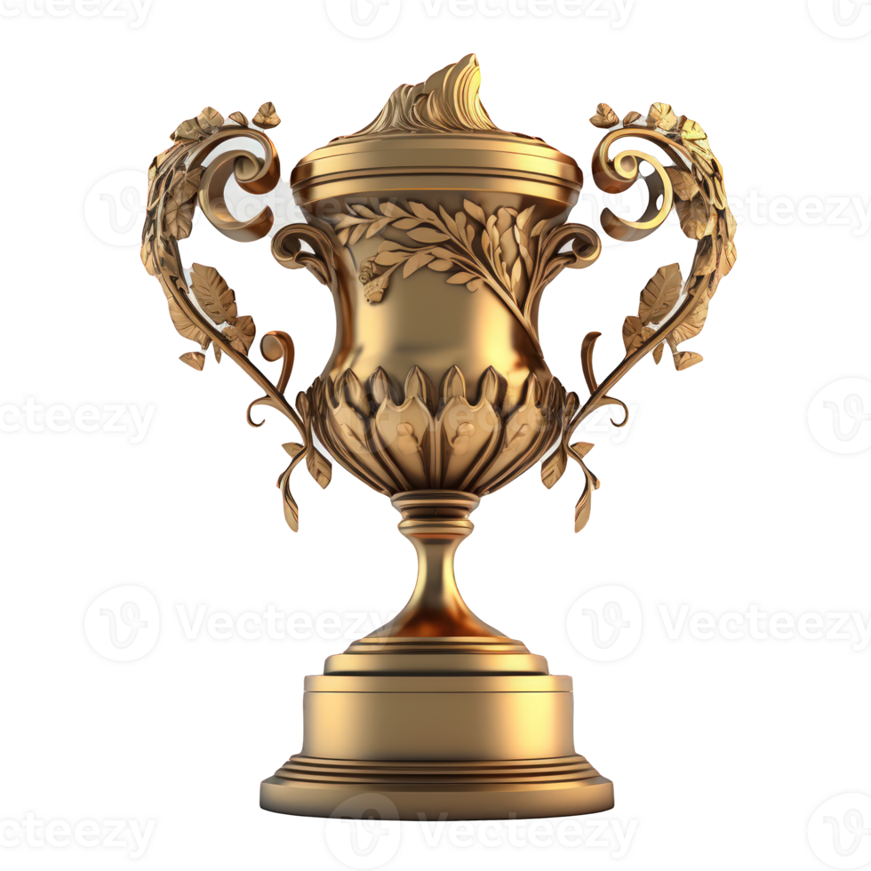 A gleaming, life-like golden trophy is displayed on a crystal-clear background, showcasing its exquisite design and quality construction. png