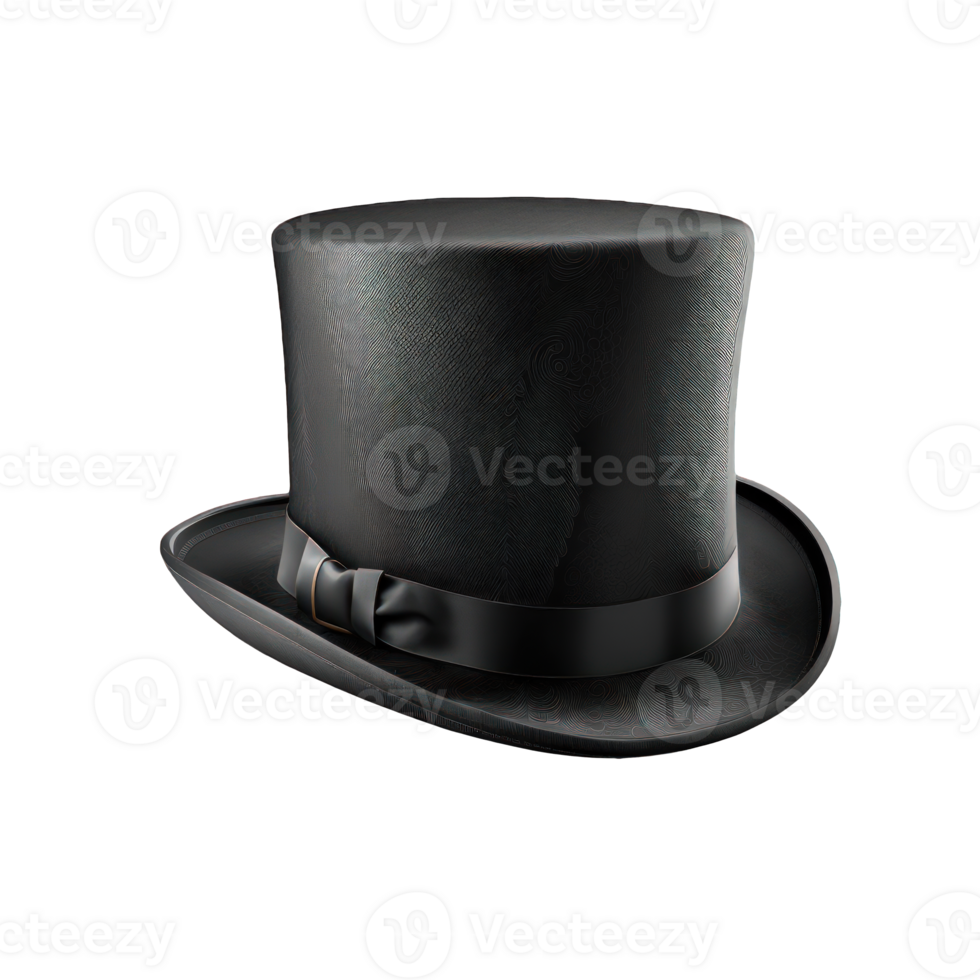 A stylish black top hat with a realistic texture is displayed on a transparent background, giving the illusion that it could be plucked off the screen and worn by the viewer. png