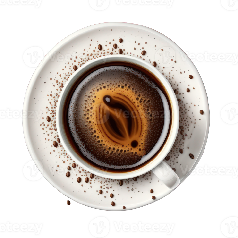 A clear view of a cup of coffee from the top, placed on a see-through background, offering a realistic depiction. png