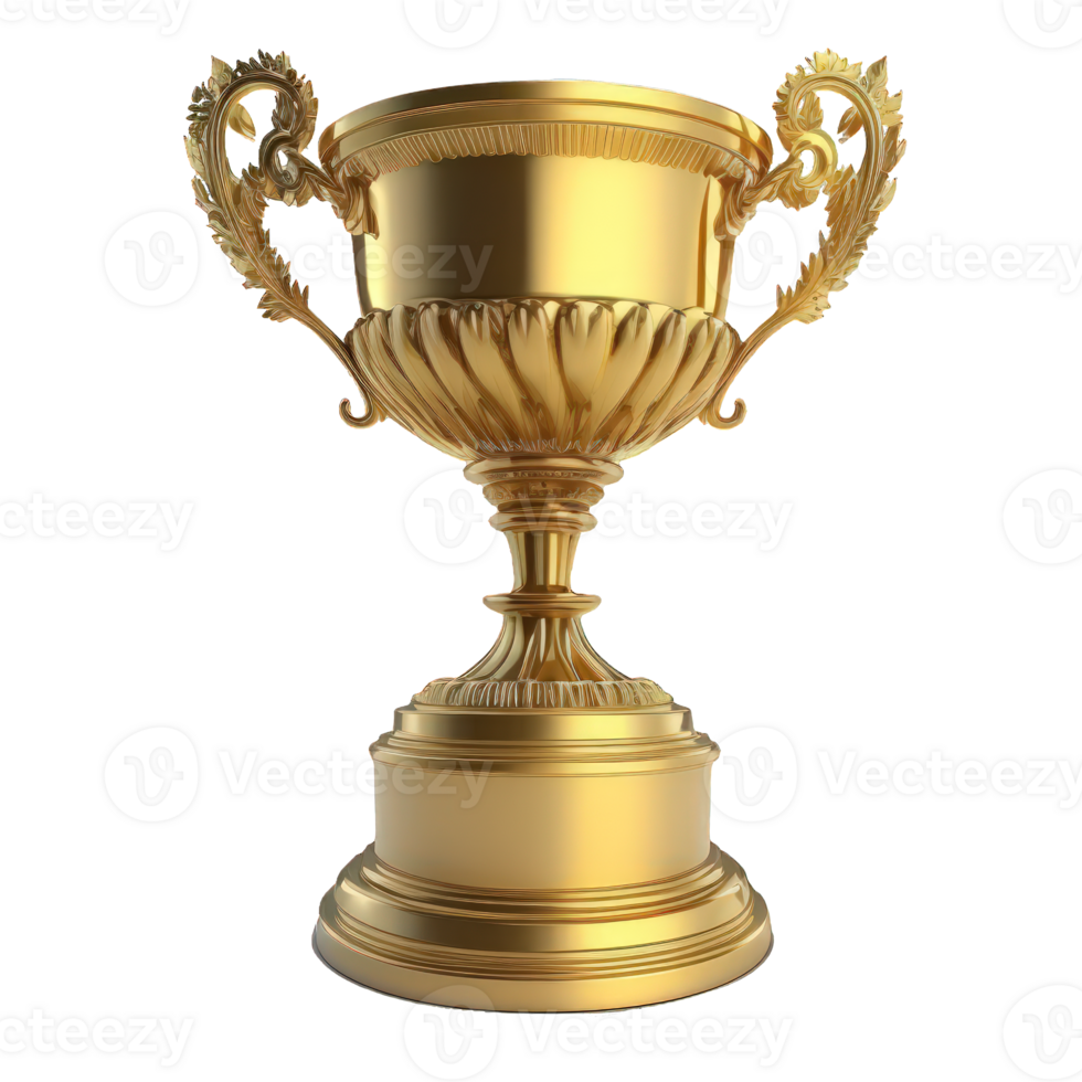 This image showcases a lifelike golden trophy standing tall and proud, set against a transparent background, allowing for a versatile range of creative possibilities. png