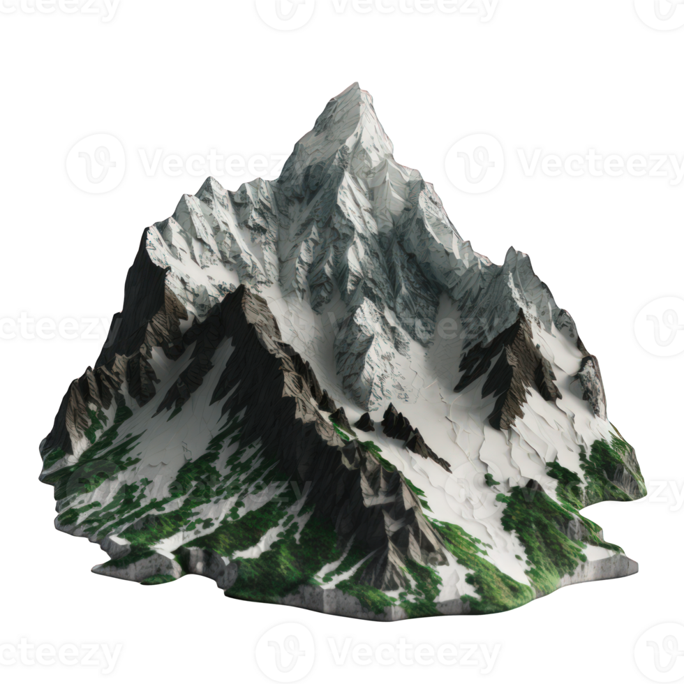 Transparent mountains loom tall and proud against a clear backdrop, their detailed peaks and valleys standing out in a stunningly realistic display. png