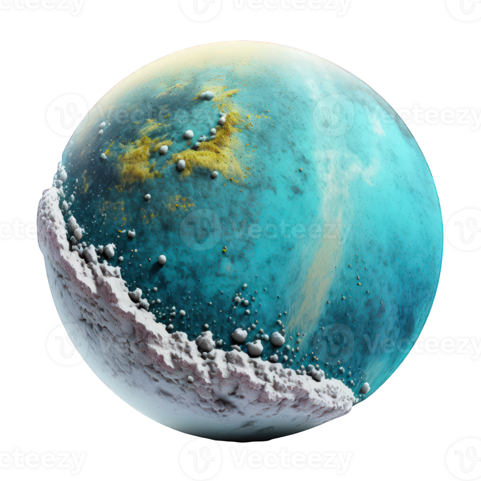 The image shows a photo-realistic depiction of a planet, with swirling clouds and rugged terrain visible on its surface. png