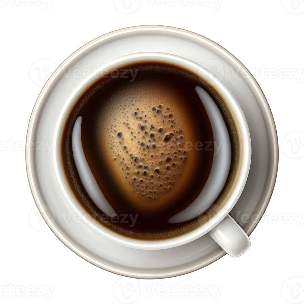 The image is a realistic top view of a cup of coffee on a transparent background, showing the rich color and texture of the coffee and the details of the cup's design. png