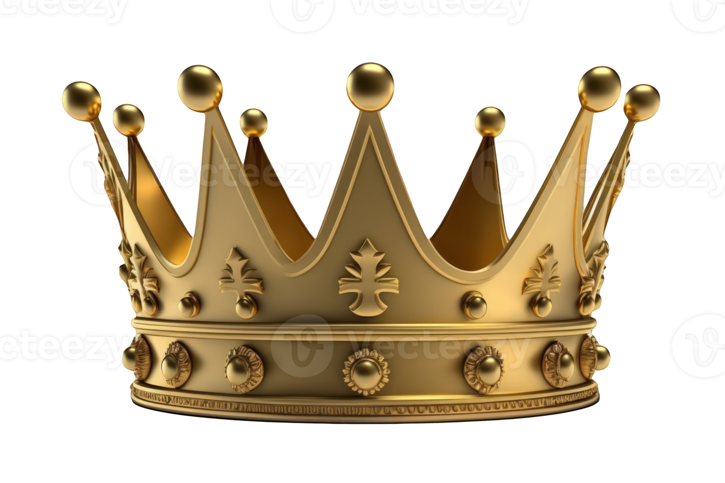 A stunning and lifelike golden crown, with intricate details and sparkling jewels, is set against a transparent background. png