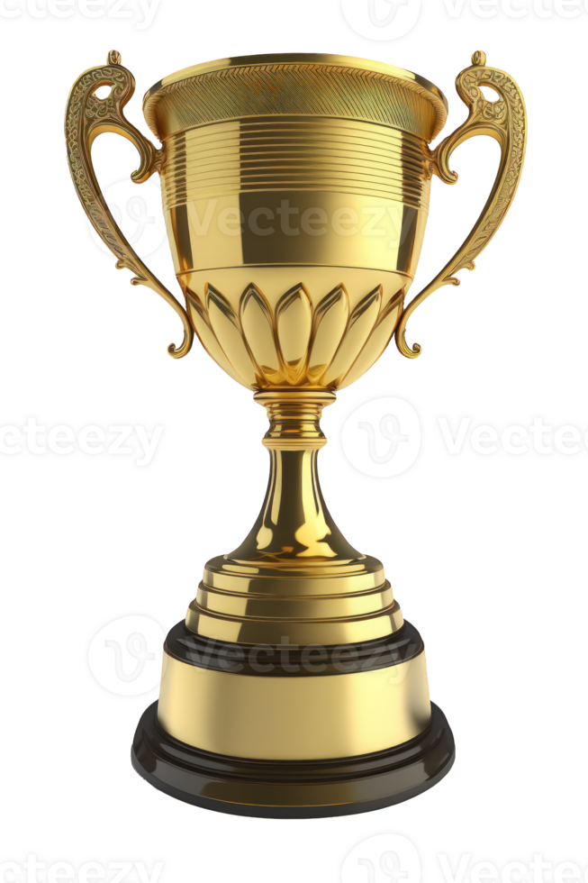 A shining golden trophy appears to float against a clear, transparent background, with every detail crafted to perfect realism. png