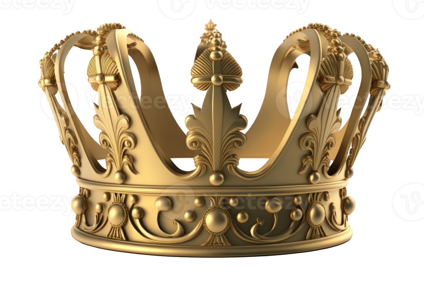 Shining in its intricate detail, this stunning golden crown gleams against a crystal-clear backdrop, captivating the eye with its realistic beauty. png