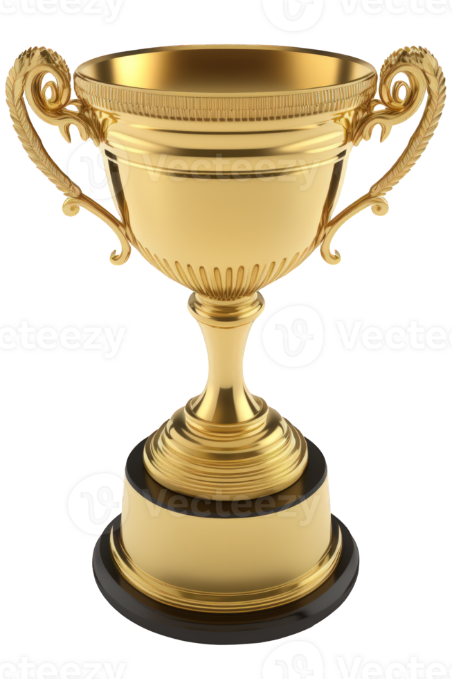 A stunning and impressively crafted golden trophy sitting on a clear and transparent background, ready to be celebrated and admired by all who view it. png