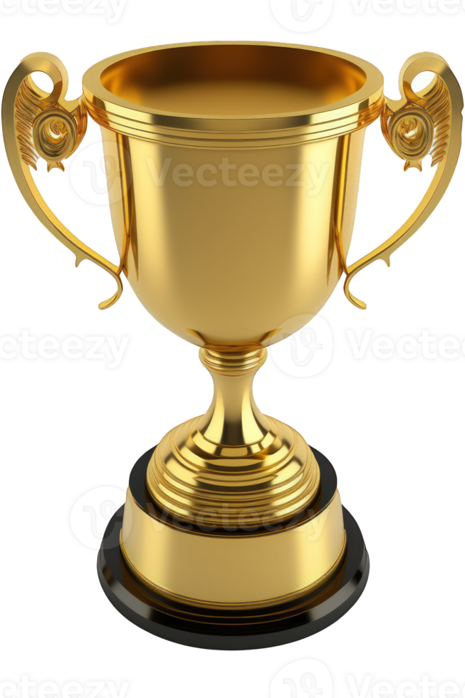 en fantastisk gyllene trofén står stolt, redo för seger, mot en kristall klar, transparent bakgrund.generativ ai png