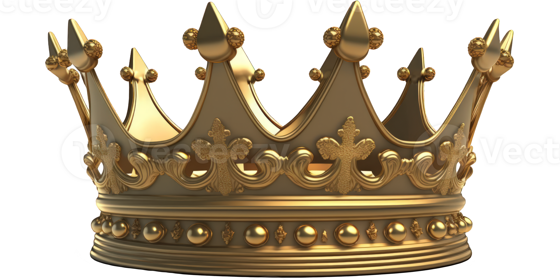 This image features a stunning and realistic golden crown, complete with intricate details and a regal design. png