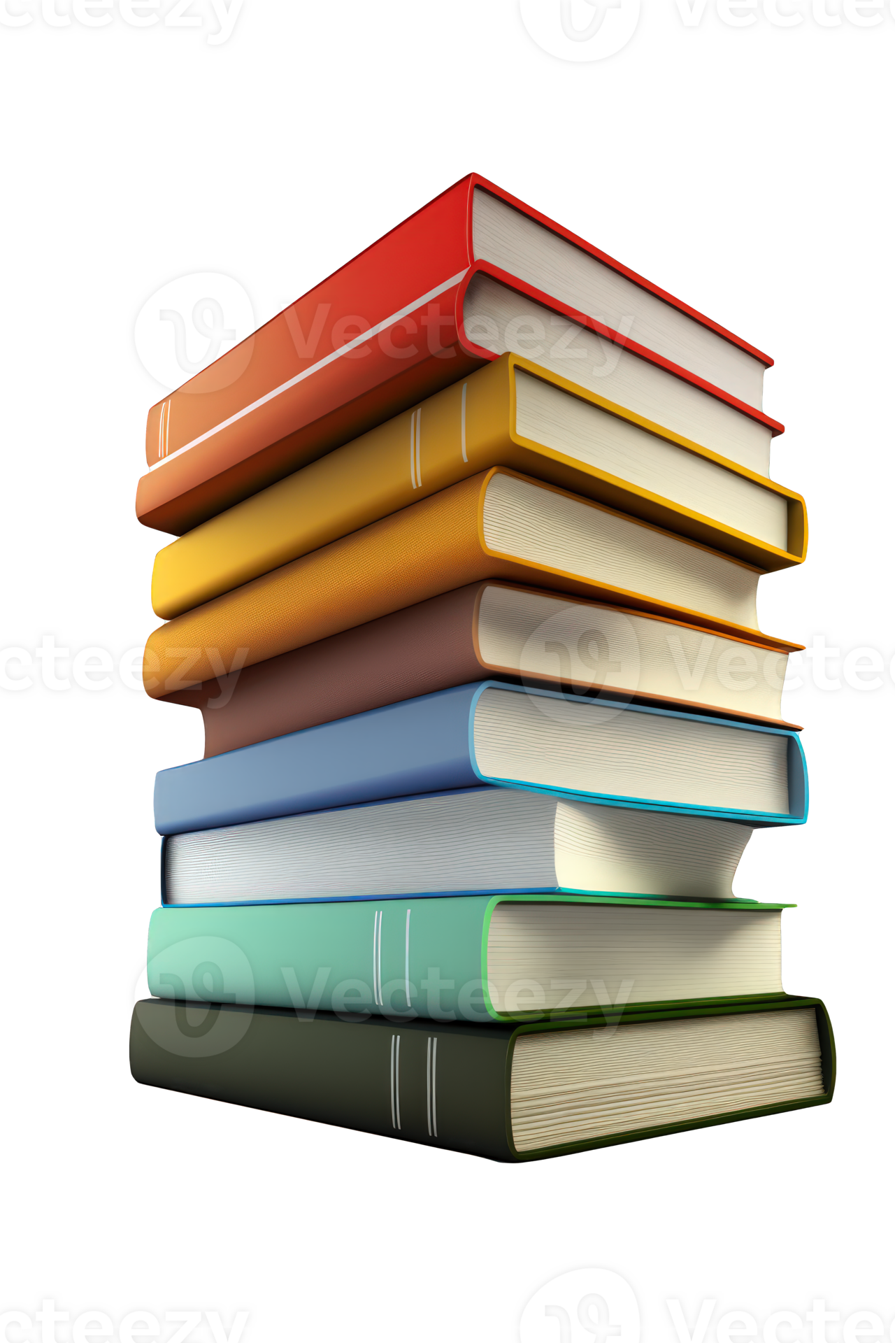 A set of books of various sizes and colors stacked one on top of the other, placed on a