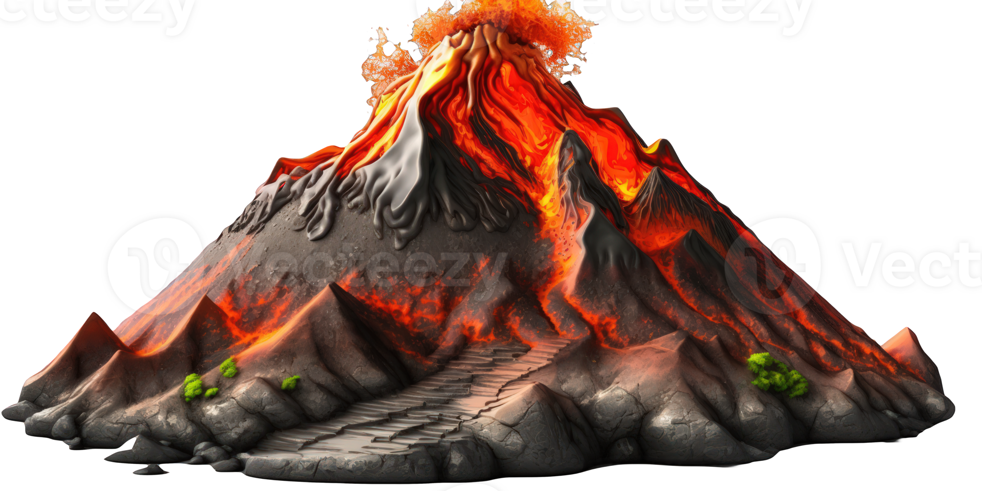 A lifelike volcano floats on a clear background, with lava flowing down its sides and smoke billowing from its summit. png