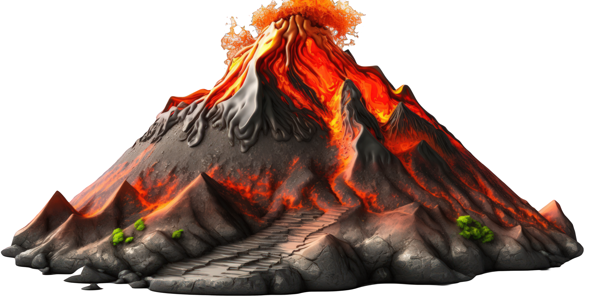 A lifelike volcano floats on a clear background, with lava flowing down