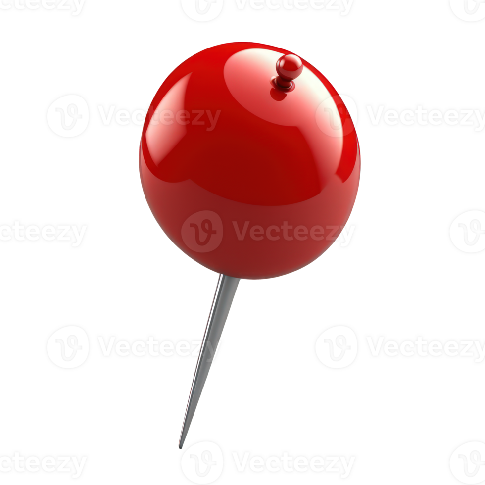 A bright red push pin is seen positioned diagonally on a clear, transparent background. Its sharp point and round head are visible. png