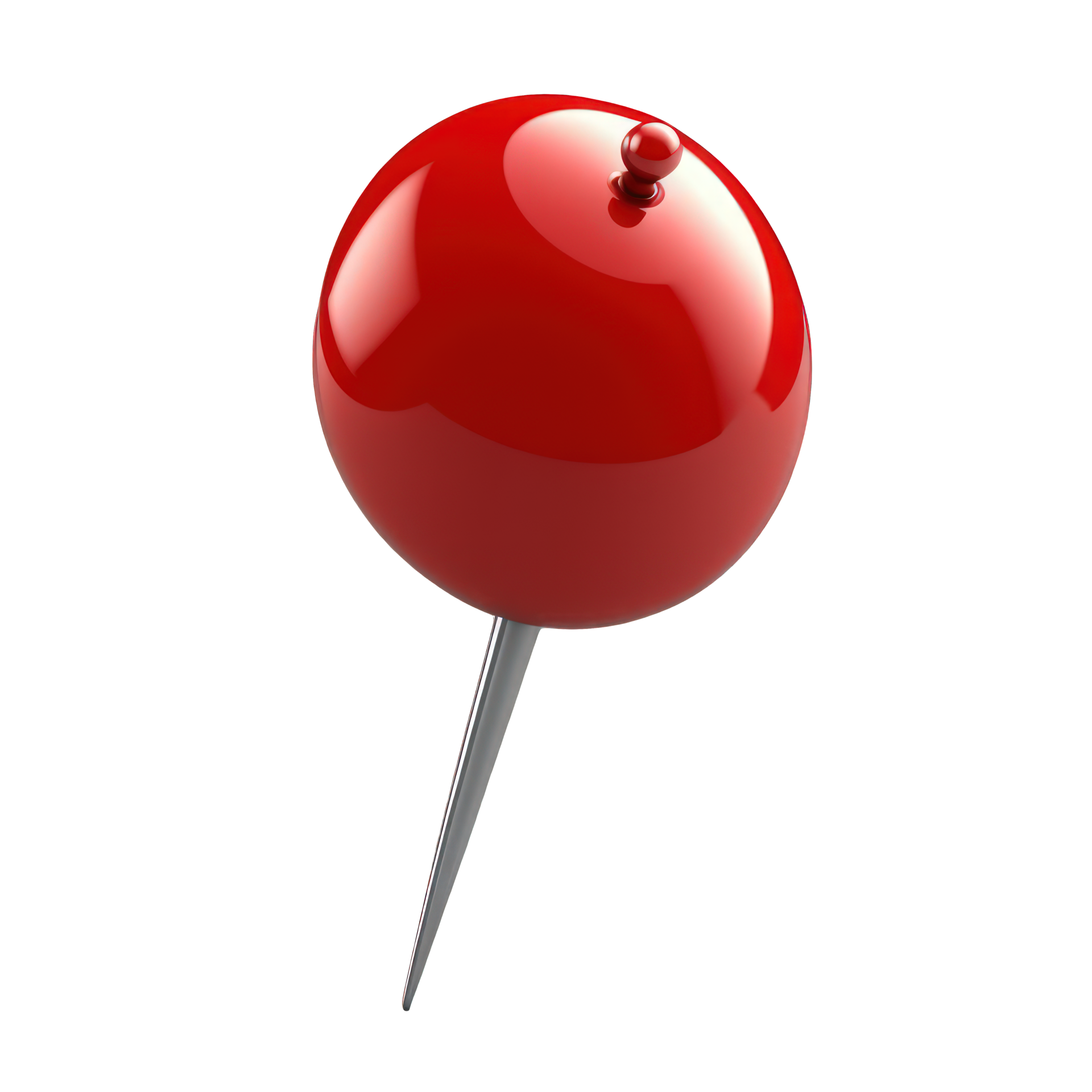A bright red push pin is seen positioned diagonally on a clear, transparent background. Its