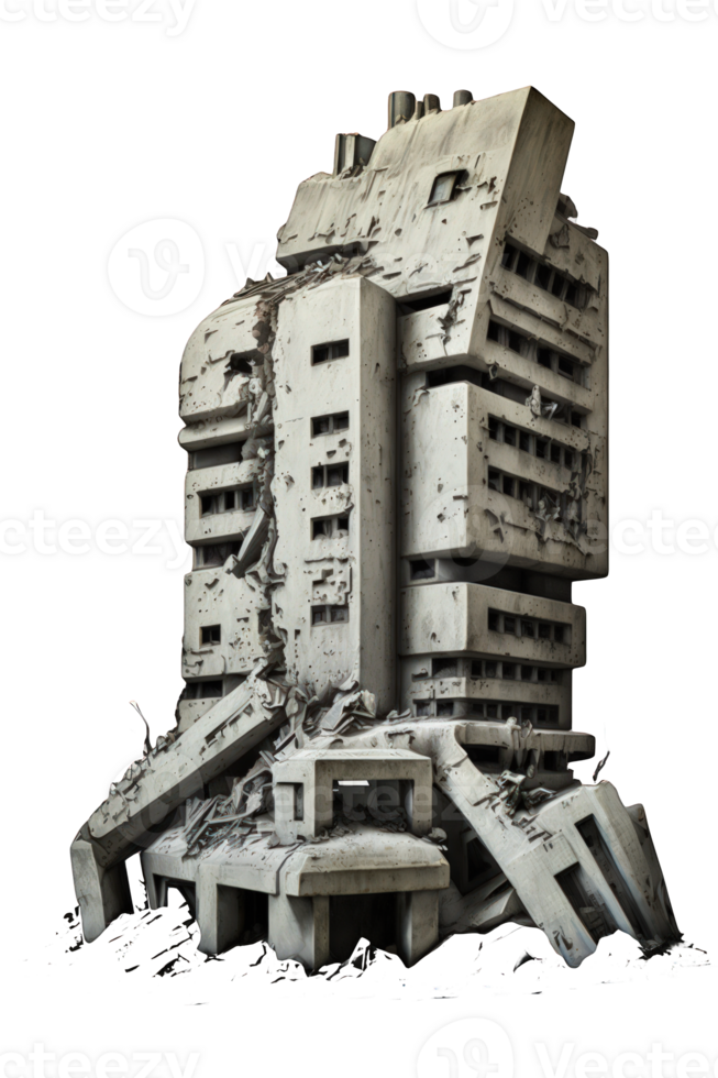 The image depicts the aftermath of an apocalyptic event, with tall skyscrapers left in ruins, standing tall but clearly destroyed. png