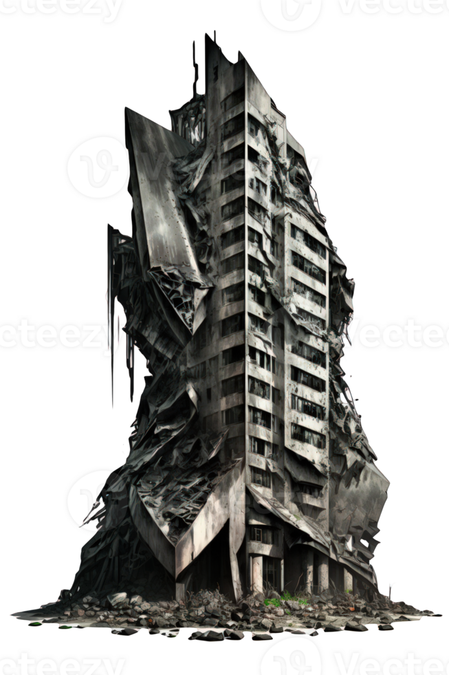 The image showcases a hauntingly beautiful view of ruined skyscrapers, depicting a post-apocalyptic setting. png
