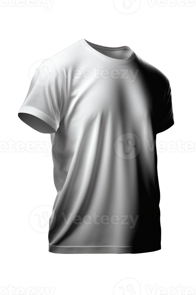 This image is a realistic representation of a white t-shirt with short sleeves, isolated on a transparent background, making it ideal for graphic design or web projects. png