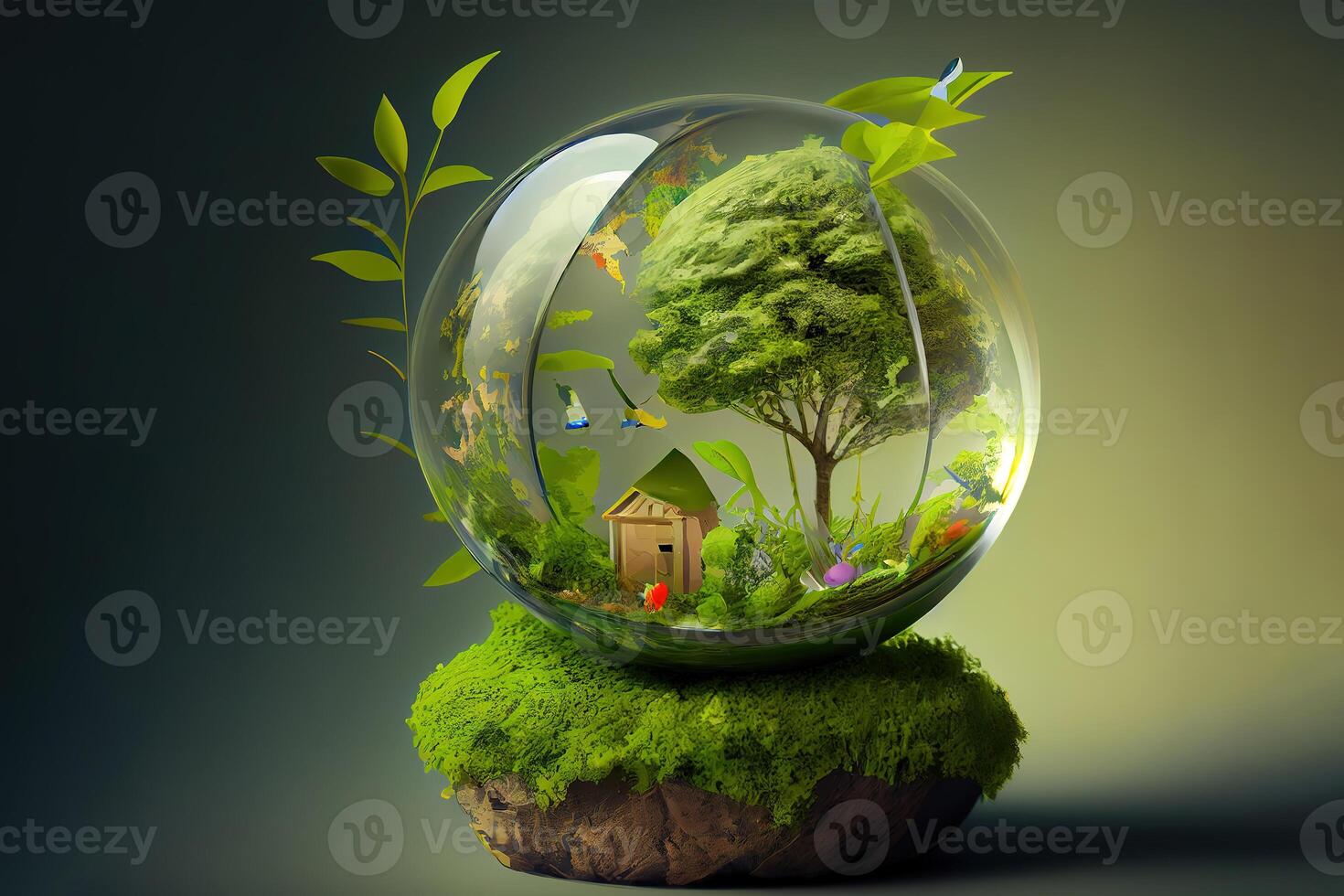 World environment and earth day concept with glass globe and eco friendly enviroment. photo