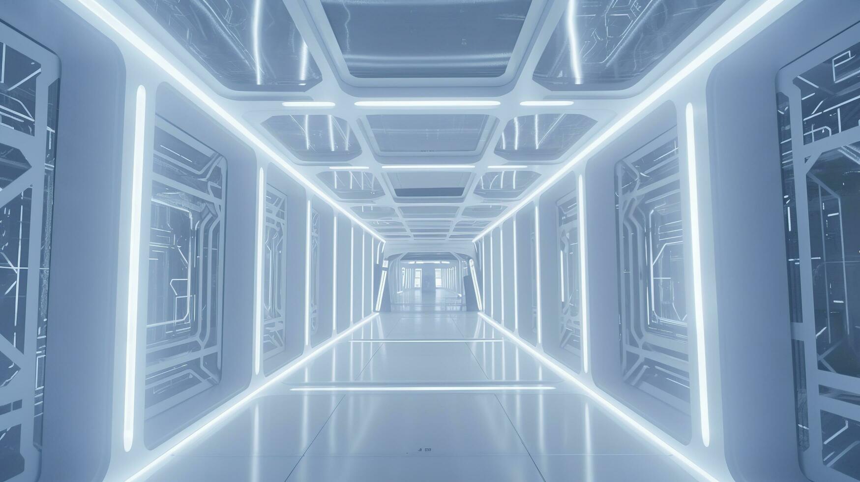 Inside narrow abstract bright white Tron corridor with square shapes with windows to an unknown planet, science fiction, glass, arch viz, and modern architecture, generate ai photo
