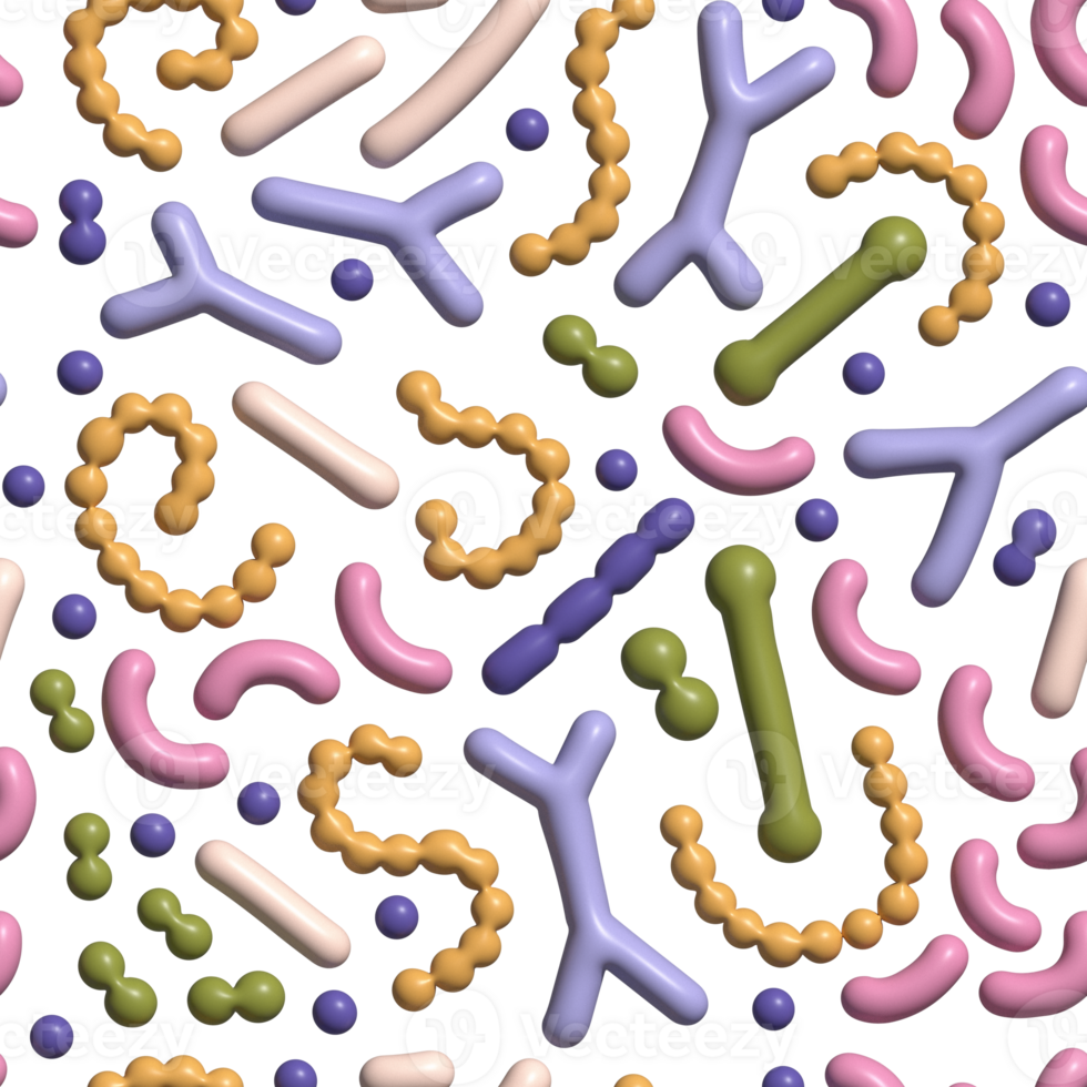 Microbiome background pattern. Probiotic bacteria backdrop with lactobacillus, bifidobacteria, acidophilus. 3d render simple raster illustration. png