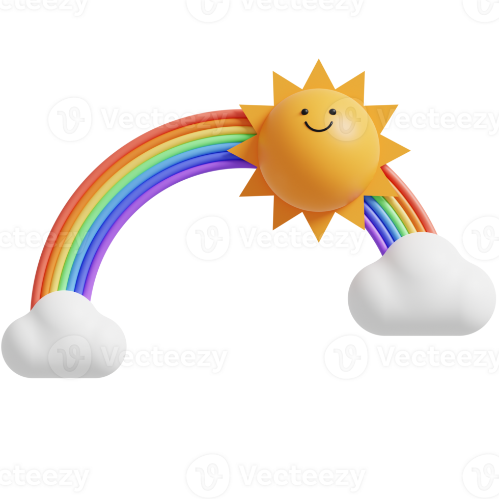 3D Sun Character with cloud and rainbow.Happy Sun. 3d render illustration. png