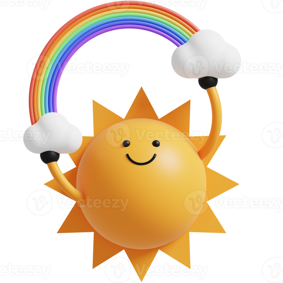 3d sole personaggio con nube e arcobaleno.felice sole. 3d rendere illustrazione. png