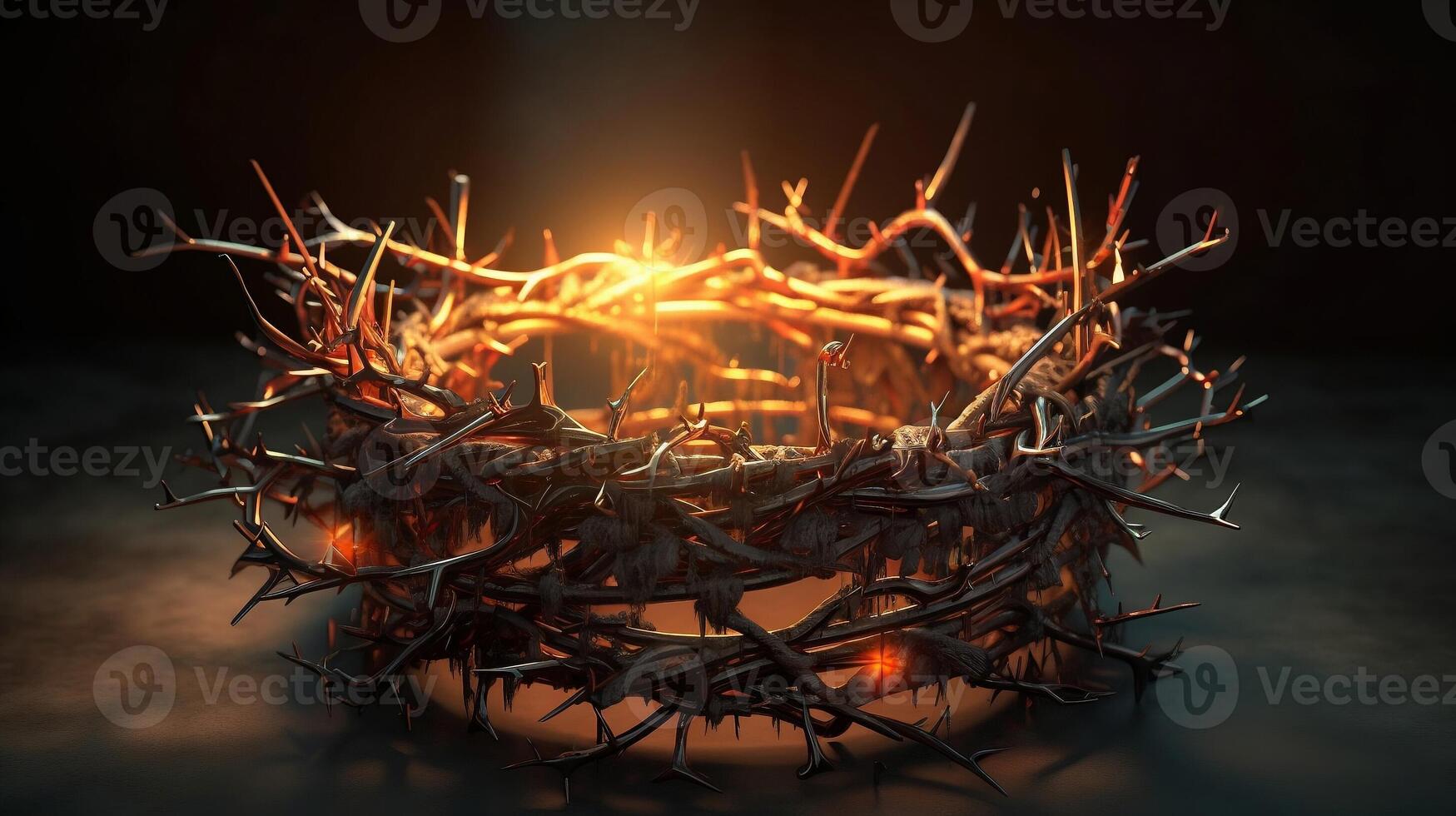 Close up of crown of thorns with shining light with dark background. and religion concept photo