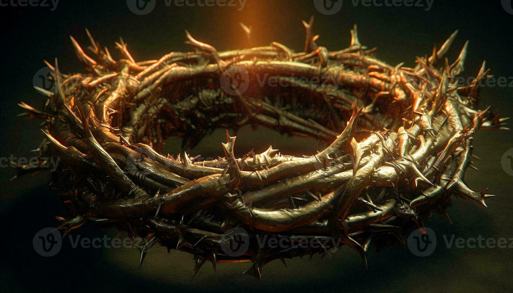 Close up of crown of thorns with shining light with dark background religion concept. photo