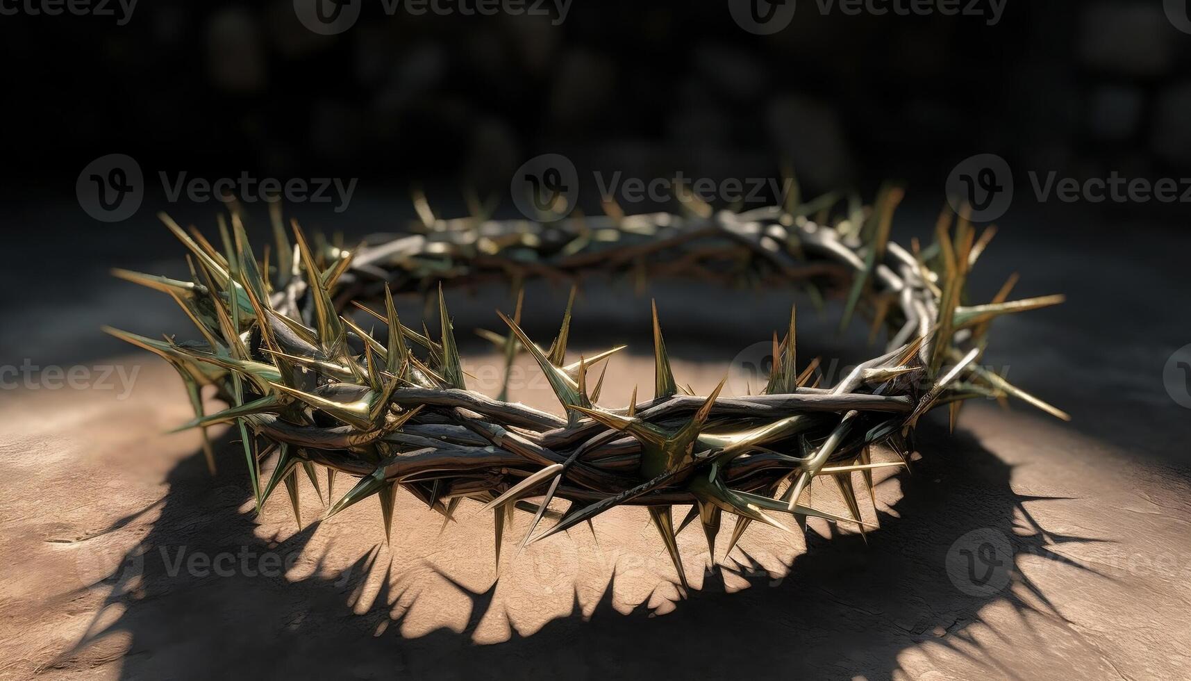 Close up of crown of thorns with shining light with dark background. and religion concept photo