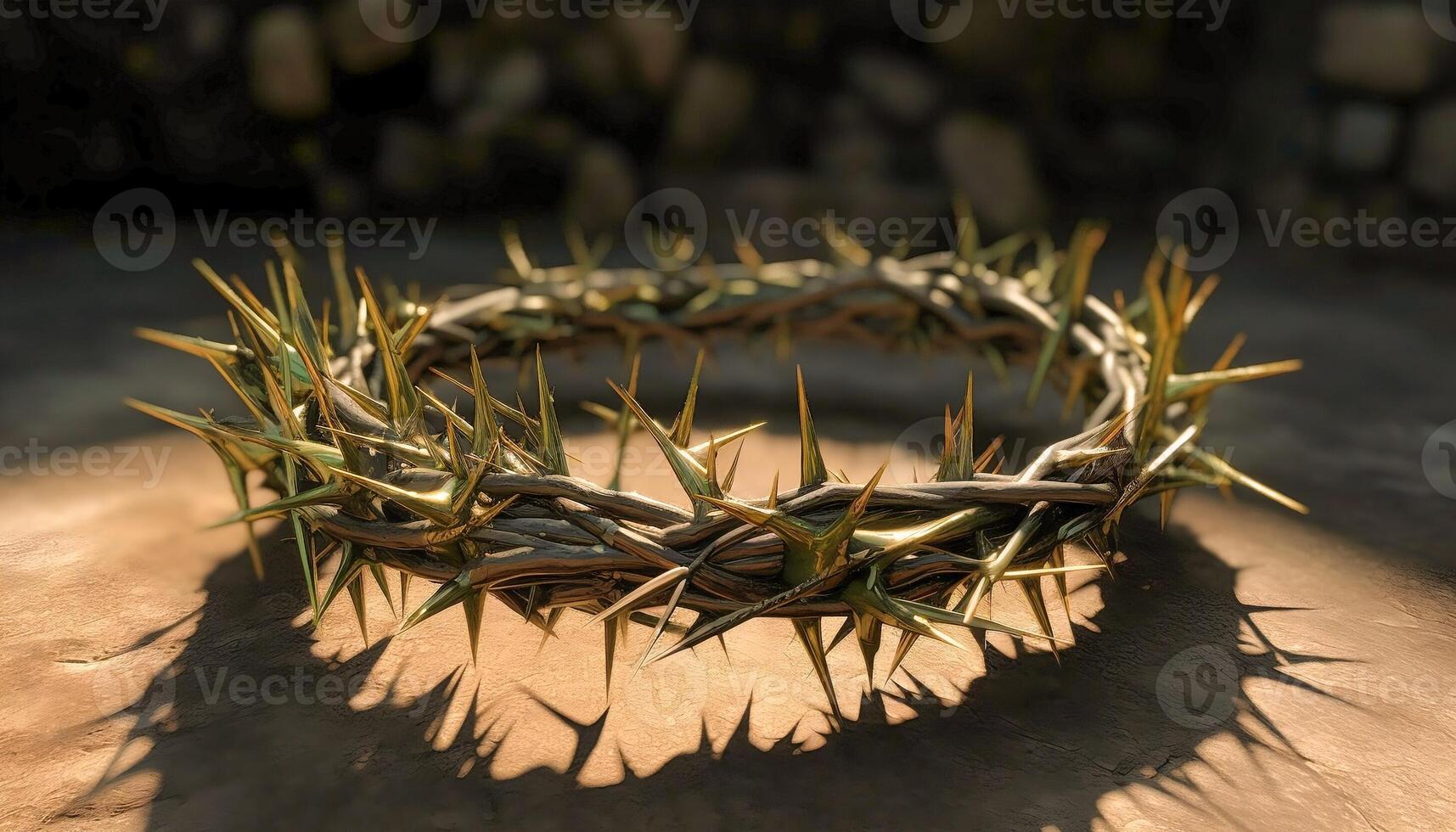 Close up of crown of thorns with shining light with dark background. and religion concept photo