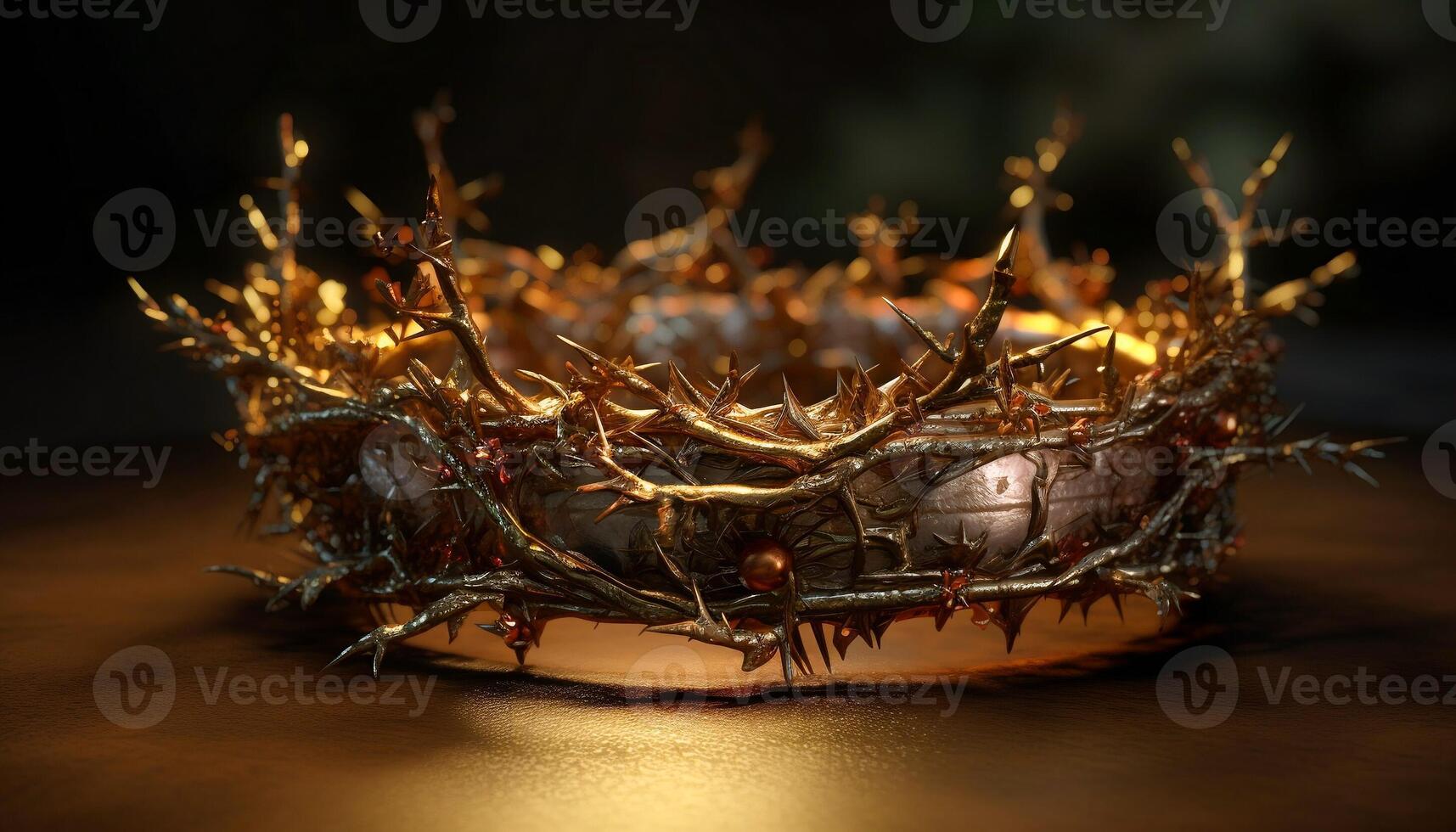 Close up of crown of thorns with shining light with dark background. and religion concept photo