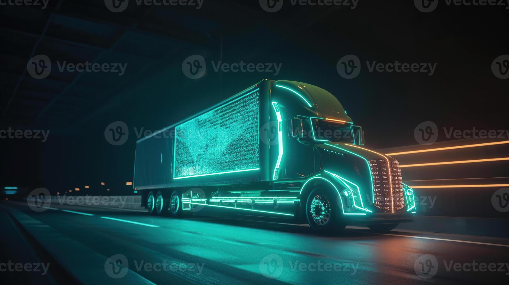 Autonomous Semi Truck with Cargo Trailer Drives at Night on the Road with Sensors Scanning Surrounding. Special Effects of Self Driving Truck Digitalizing Freeway, photo