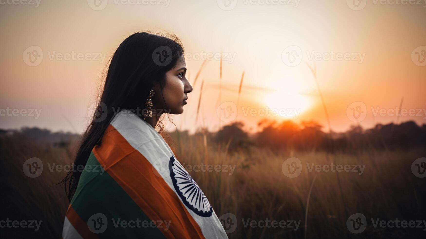 Woman holding indian flag and looking at sunset, Beautuful woman holding Indian flag tricolour, wearing tradition sari, photo