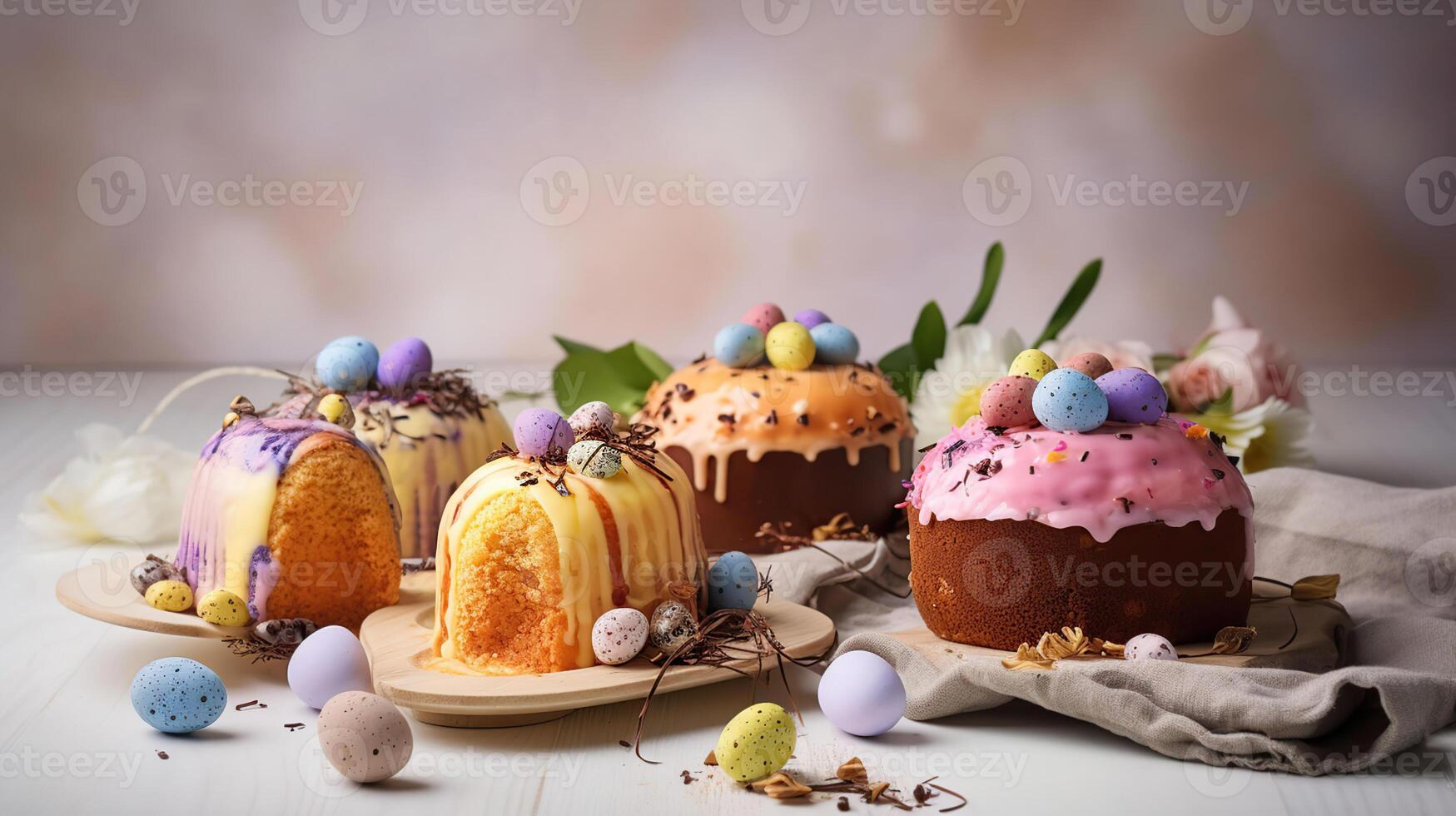 tradicional Pascua de Resurrección pastel o dulce un pan - delicioso Pascua de Resurrección pasteles y huevos en blanco fondo, generativo ai foto