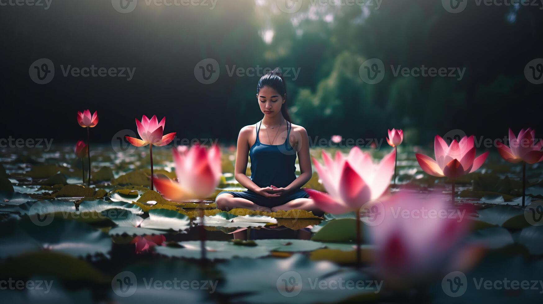 mujer haciendo yoga con loto flores, espiritual contemplación, generativo ai foto