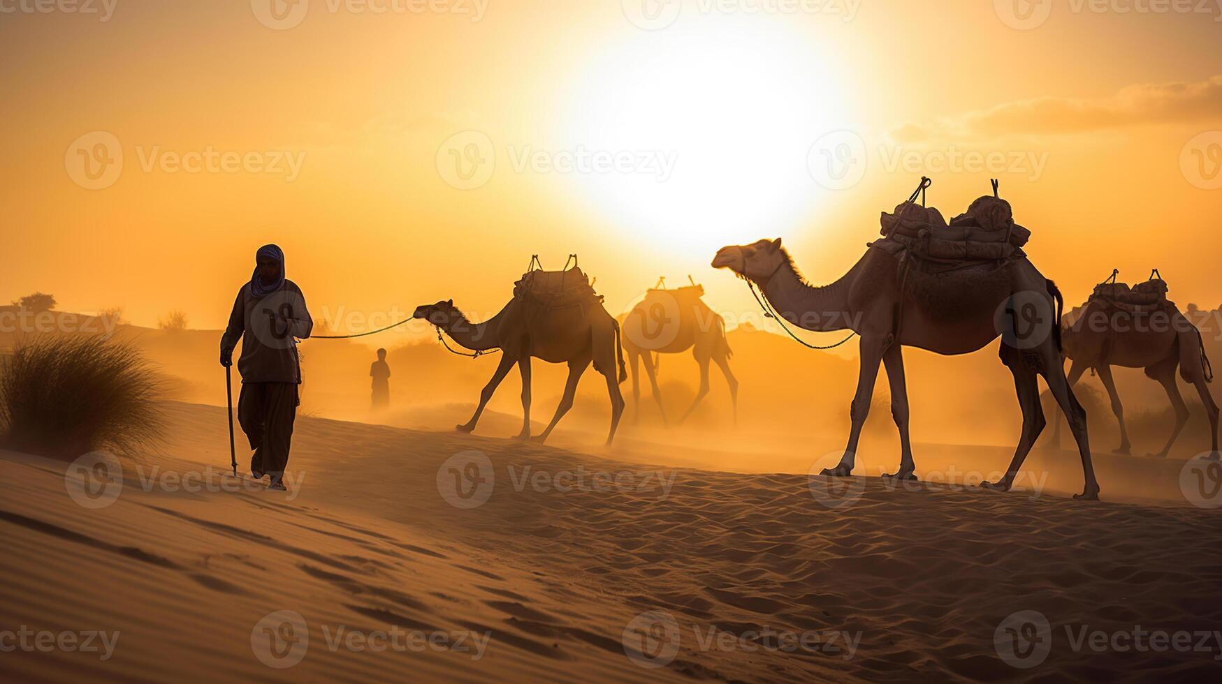 Indian cameleers bedouin with camel silhouettes in sand dunes of Thar desert on sunset. Caravan in Rajasthan travel tourism background safari adventure. Jaisalmer, Rajasthan, India, photo