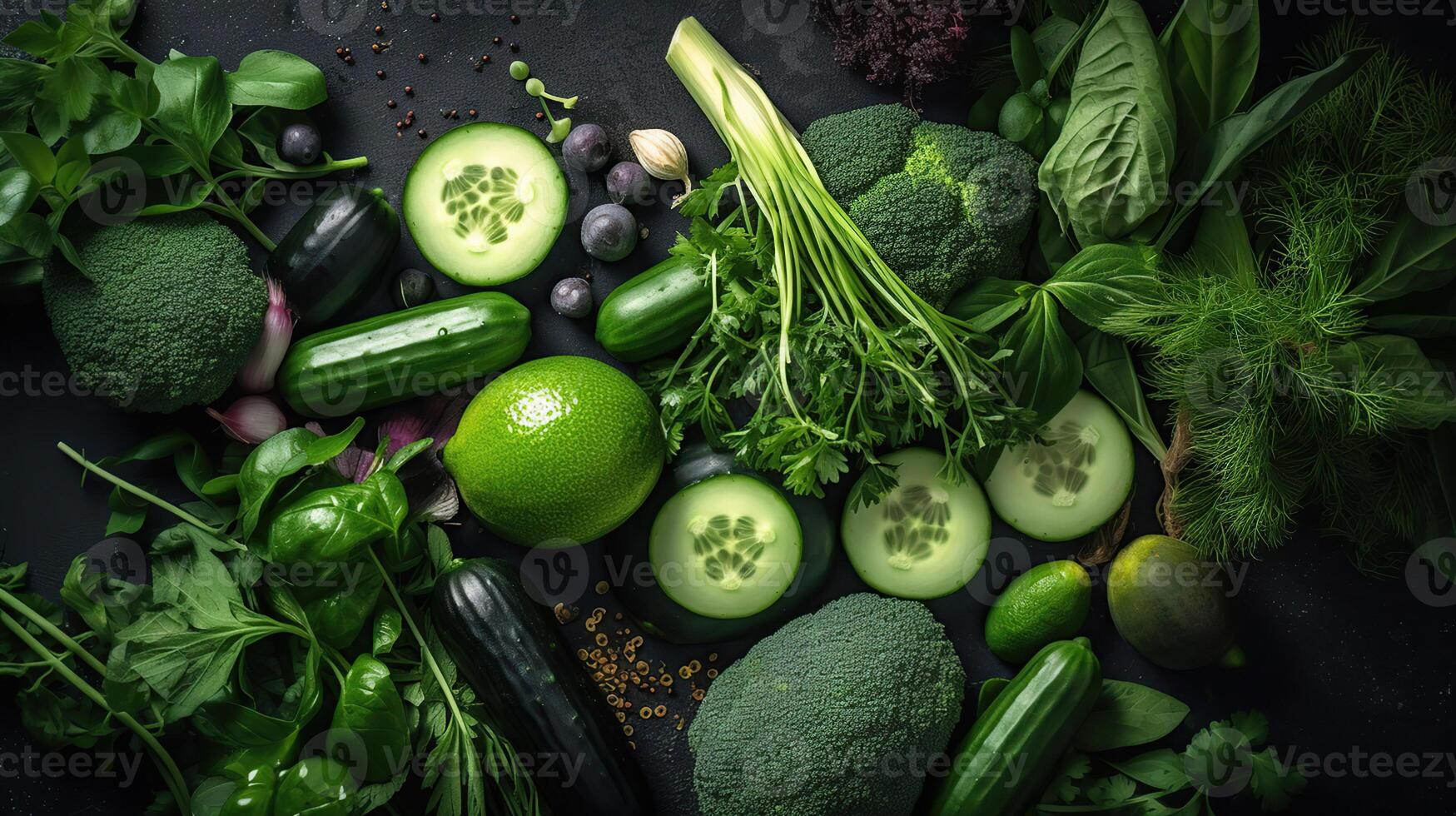 crudo sano comida limpiar comiendo verduras, pepino, alfalfa, calabacín, espinaca, albahaca, verde guisantes, eneldo, perejil, palta, brócoli, Lima en oscuro Roca fondo, generativo ai foto