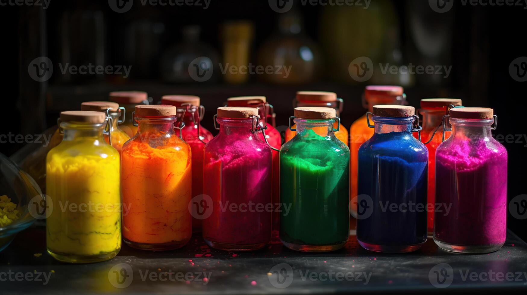 Bright colours in small bottles for Indian holi festival. Colorful gulal rative ai photo