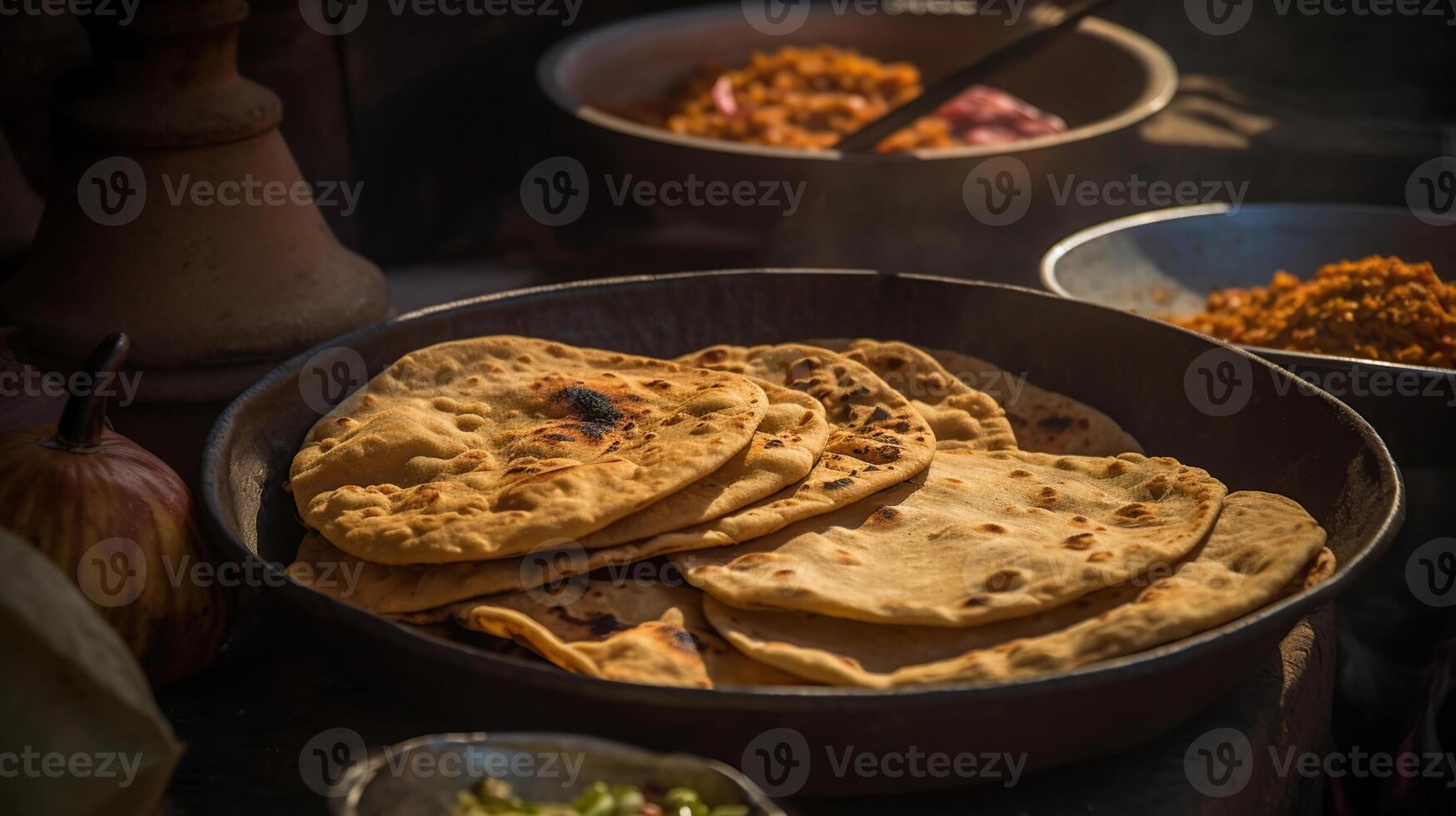 indio calle alimentos- todo trigo chapati o chapati con vegetal curry, generativo ai foto