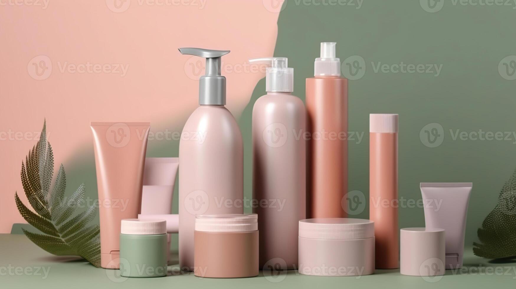 conjunto de cosmético productos en un color antecedentes. cosmético paquete colección para crema, sopas, espumas, shampoo.natural belleza blanco etiqueta para marca Bosquejo concepto, generativo ai foto