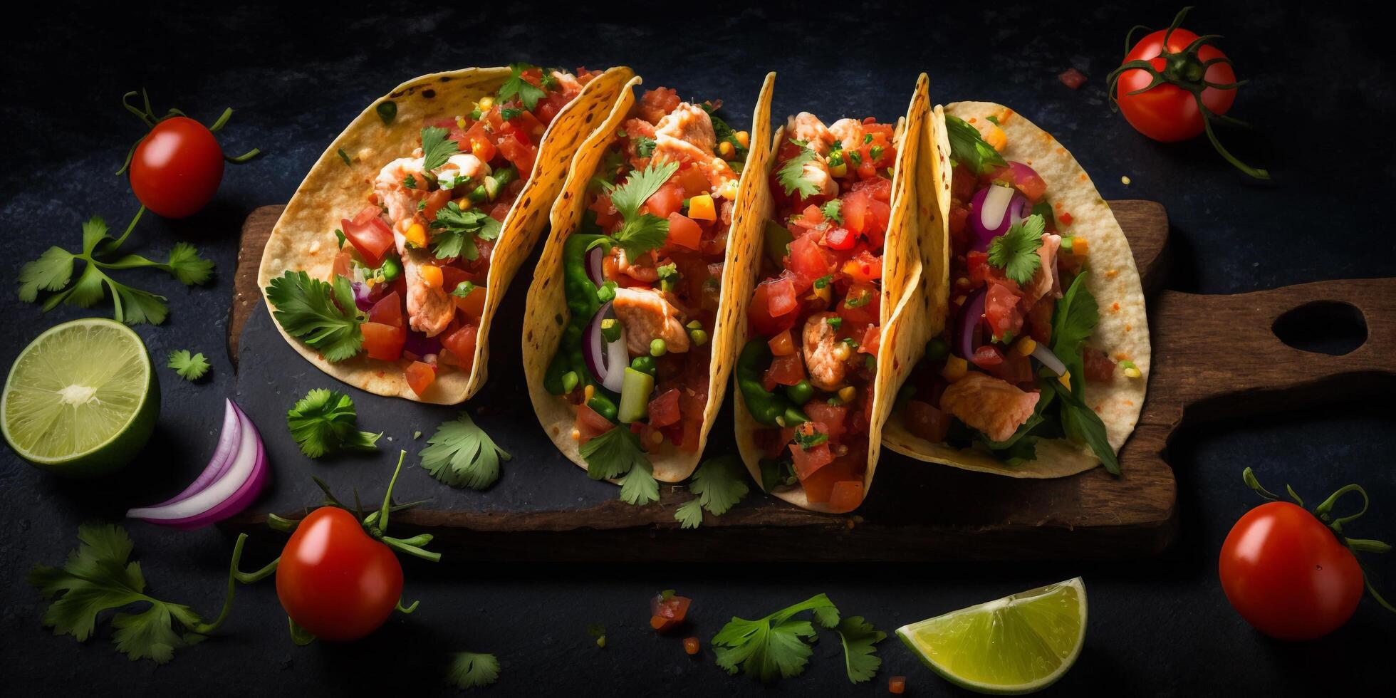 el mexicano tacos en el madera plato con ai generado. foto