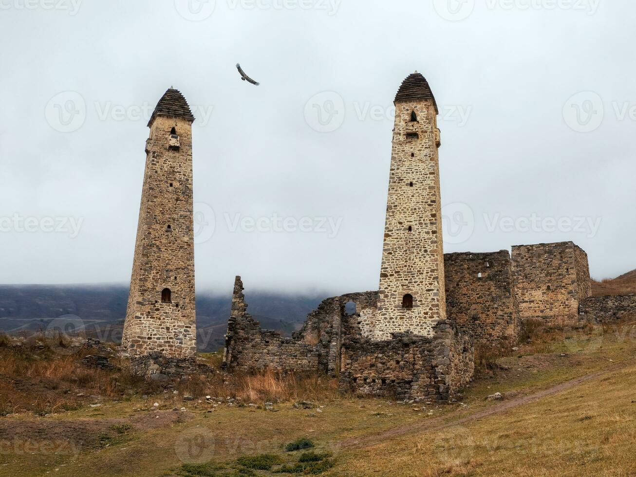 Battle towers Erzi in the Jeyrah gorge. Medieval tower complex Erzi, one of the largest medieval castle-type tower villages, located on the extremity of the mountain range in Ingushetia, Russia. photo