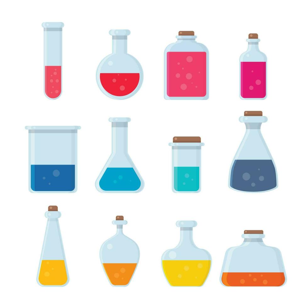 Potion bottle icons set.Scientific Research, Chemical Experiment.Flat