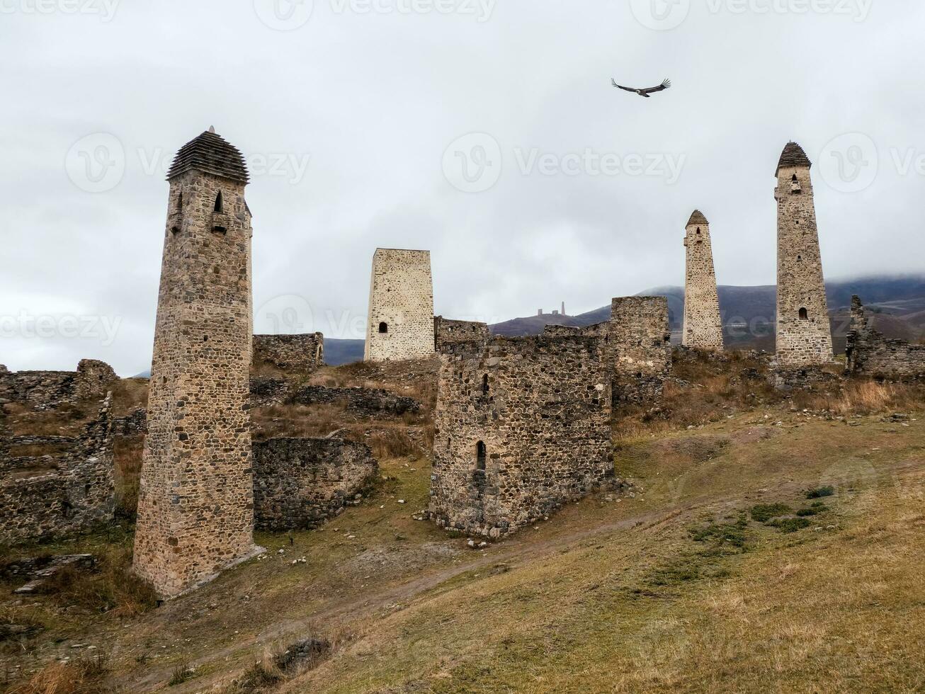 Battle towers Erzi in the Jeyrah gorge. Medieval tower complex Erzi, one of the largest medieval castle-type tower villages, located on the extremity of the mountain range in Ingushetia, Russia. photo