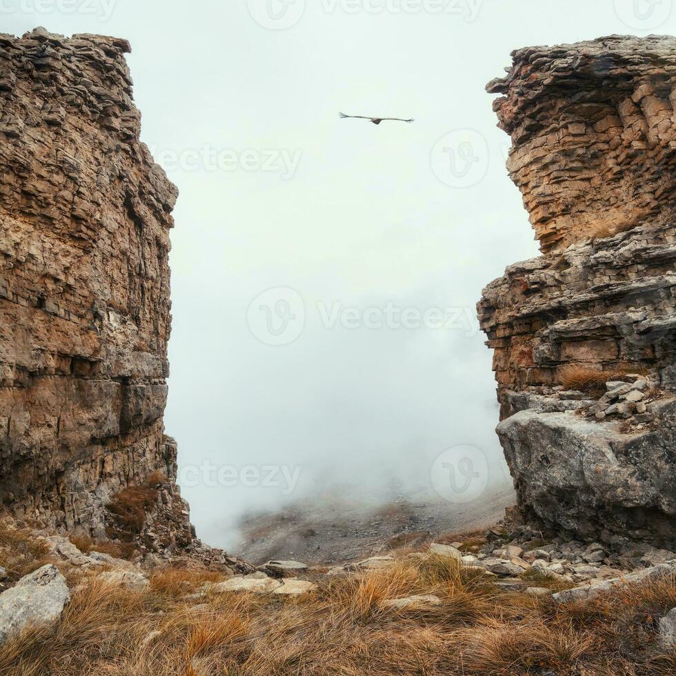 Soft focus. Dangerous gorge, a cliff between two rocks. Dramatic fog among giants rocky mountains. Ghostly atmospheric view to big cliff in cloudy sky. Low clouds and beautiful rockies. photo