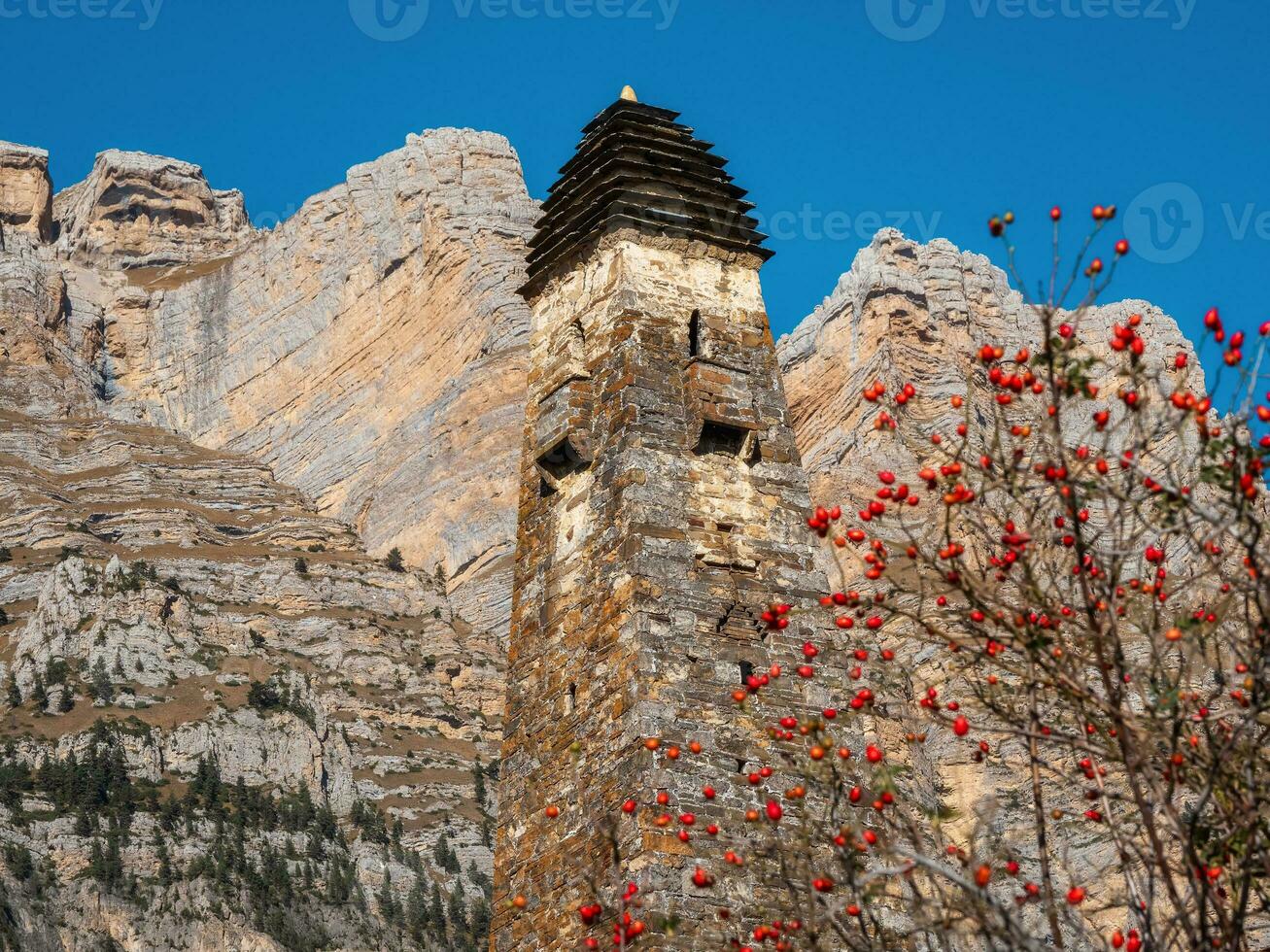 soleado tarde en el Cáucaso montañas. medieval torre complejo nii, uno de el auténtico medieval tipo castillo torre pueblos, situado en el jeyrakh distrito en ingushetia, Rusia. foto