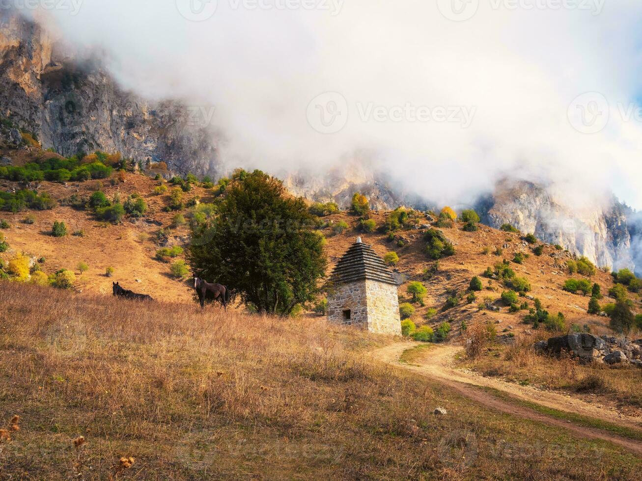 Majestic ancient tower buildings of Kelly and old family crypts in the Assinesky Gorge of mountainous Ingushetia, one of the medieval castle-type tower villages, located on the mountain range, Russia photo